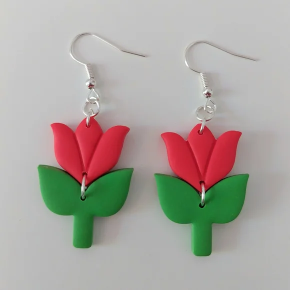 Red Tulip Flower Earrings - Picture 3 of 3